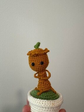 Handmade Crocheted Dancing Groot - Mustard & Green